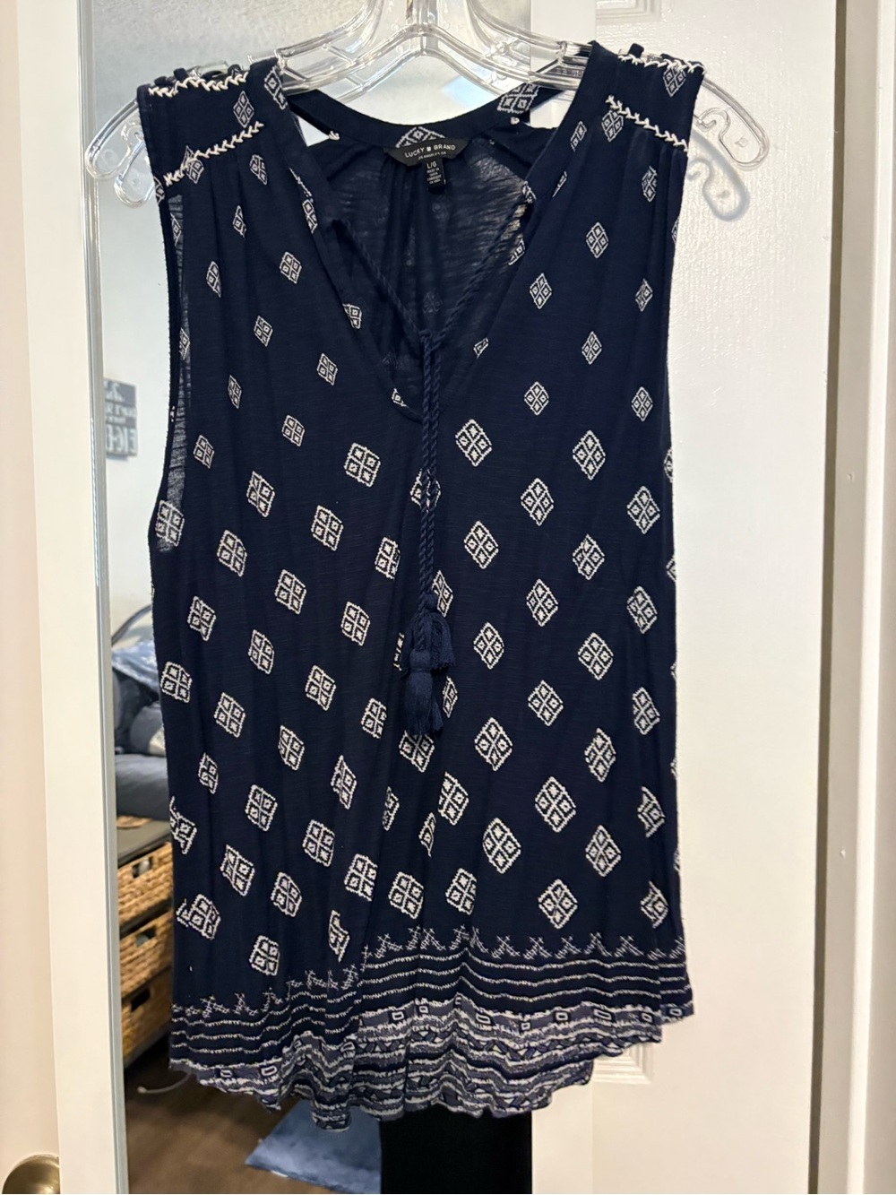 Lucky Brand Navy and White Sleeveless Tassel-Front Camisole